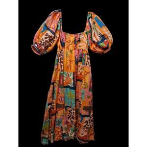 Farm Rio Tropical Collage Patchwork Resort Beach Midi Dress Puff Sleeve Medium
